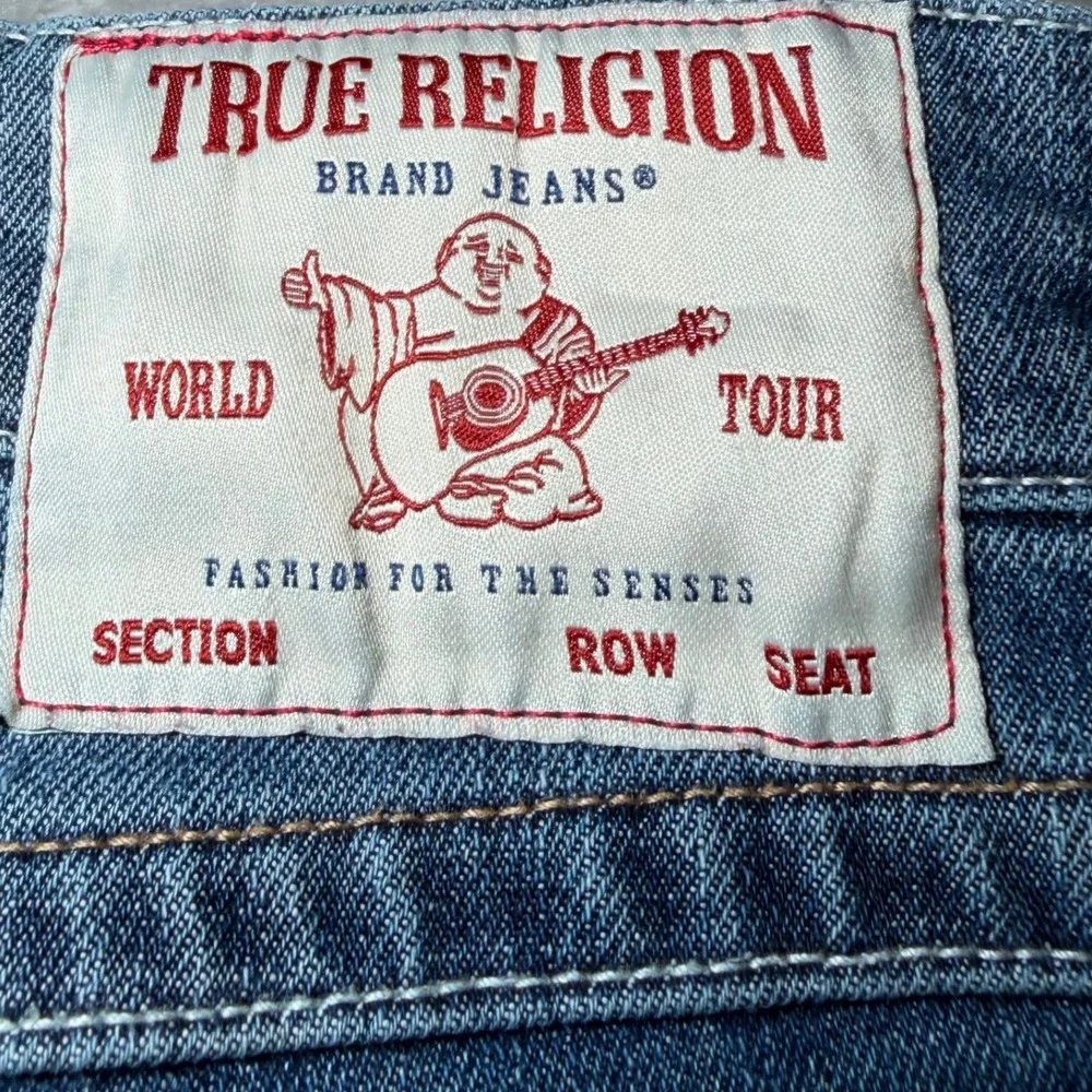 True Religion Mens Size 32 Ricky Relaxed Straight Jeans Distressed Flap Pockets